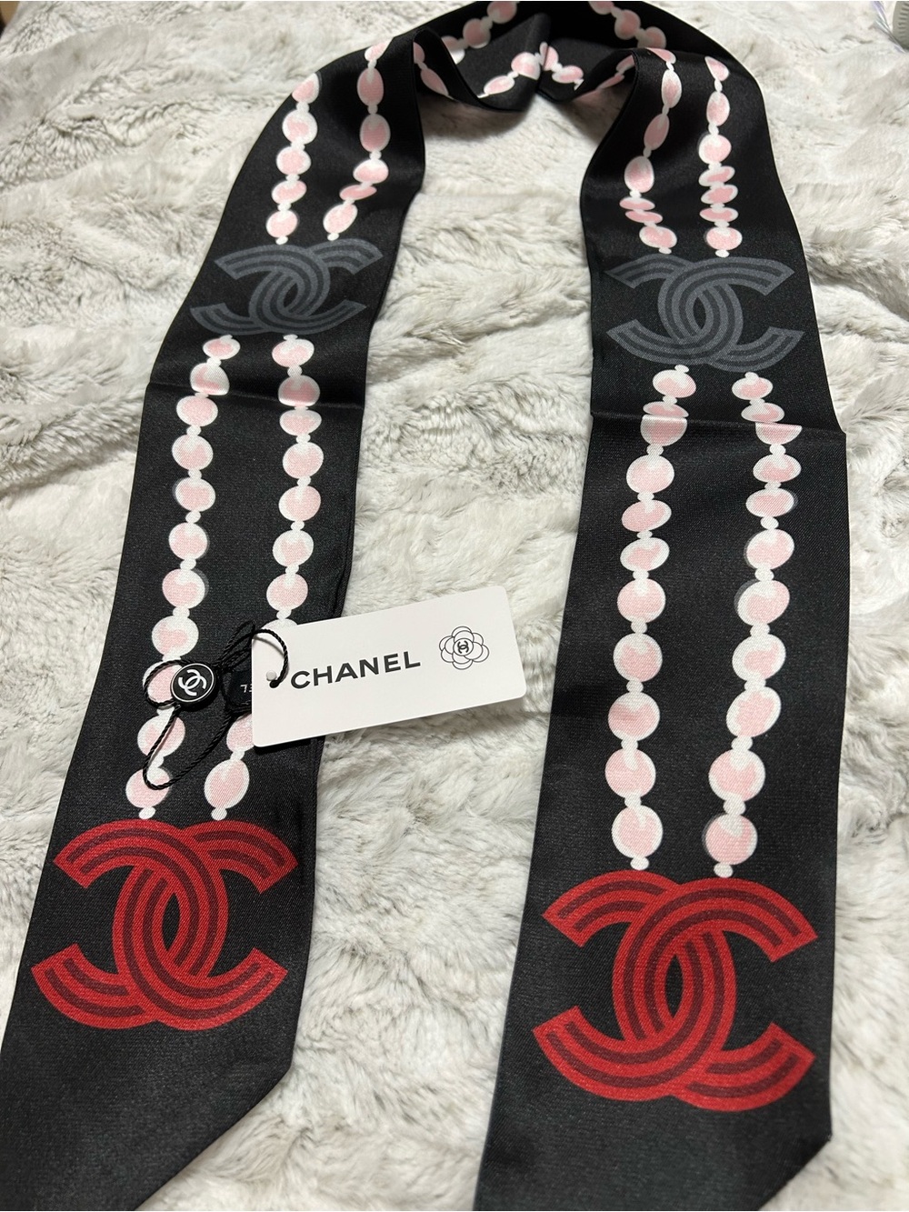 C Black Silk Twilly Scarf with Pink Pearl Motif